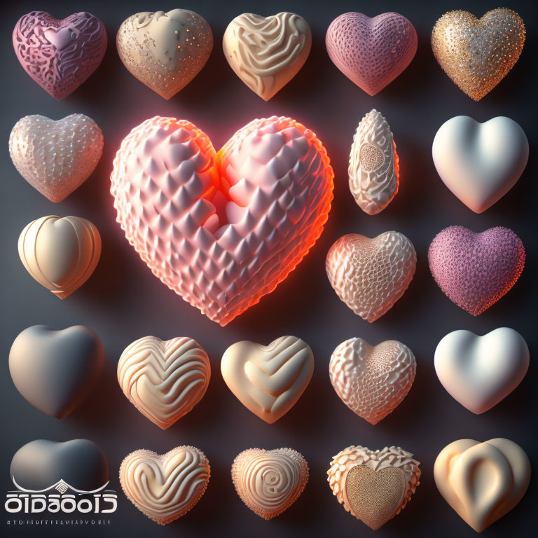 Assorted stylized hearts with textures and patterns in soft pastel tones