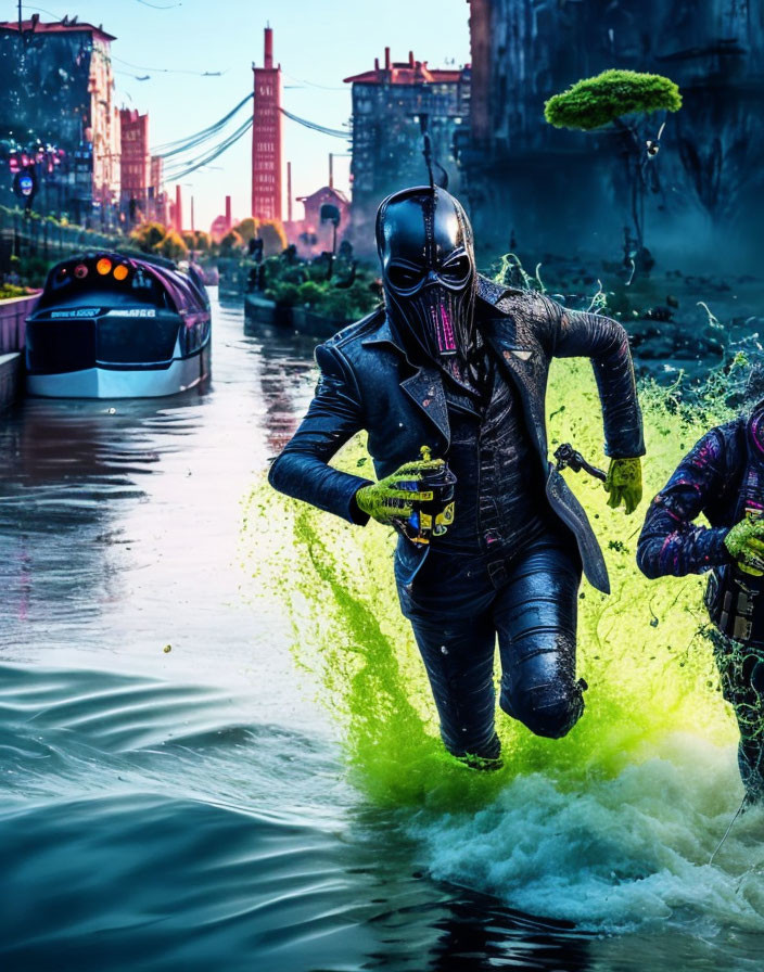 Masked individuals running on water with green glow in urban setting