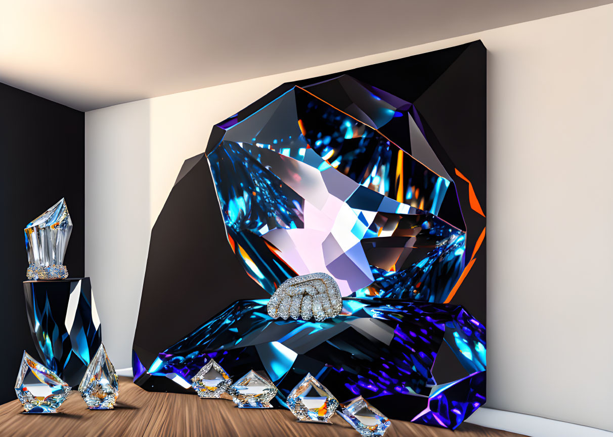 Modern Room 3D Rendering with Stylized Gemstones and Ring