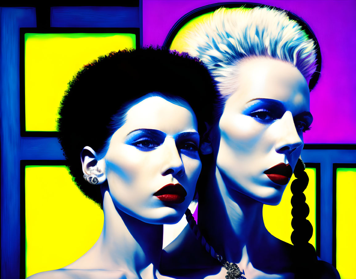 Stylized mannequins with edgy hairstyles and vibrant makeup on neon rectangle backdrop