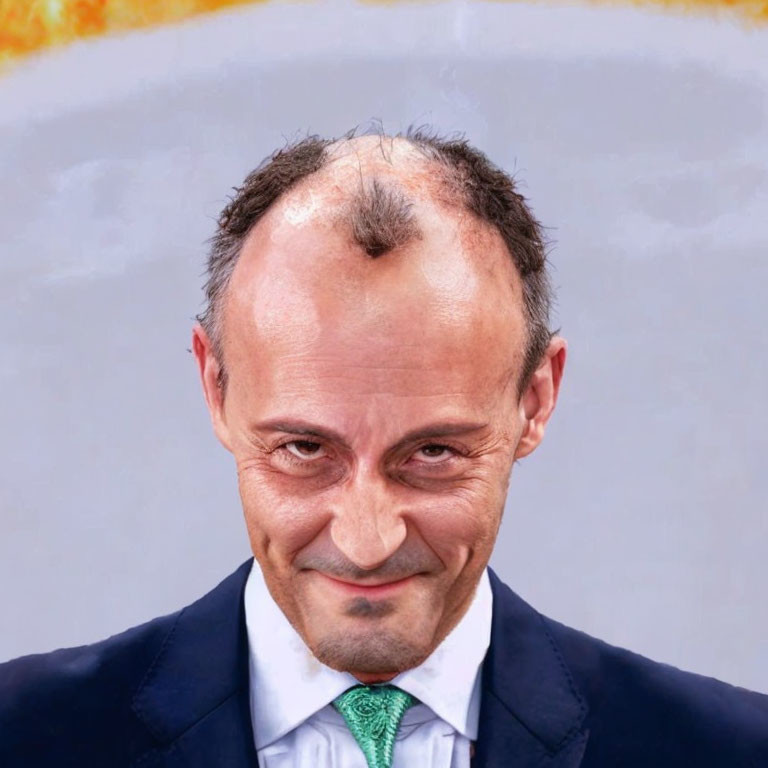 Bald man in suit with green tie smiling on gray and orange background