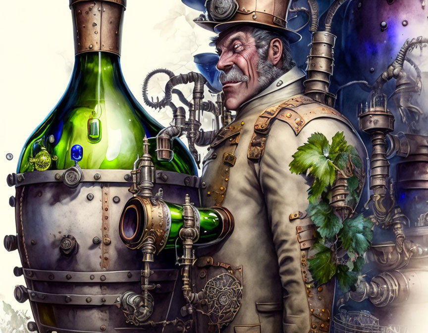 Whimsical steampunk character with brass goggles and gears beside a green flask.