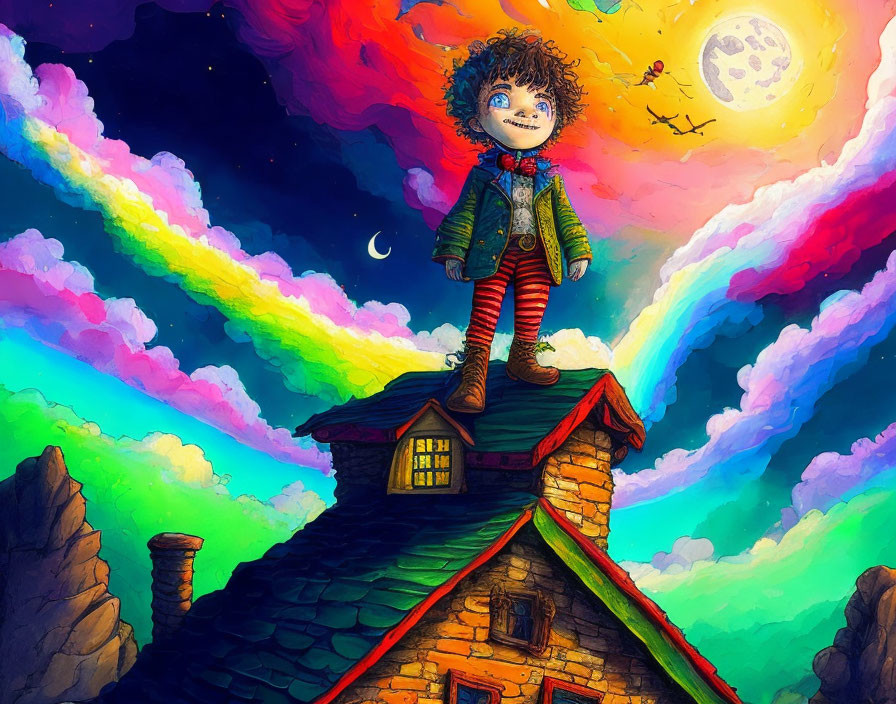 Child on Rooftop with Rainbows, Colorful Sky, and Whimsical Moon