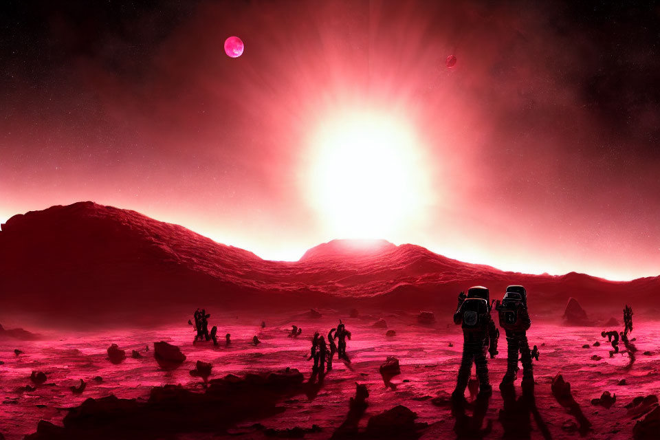 Astronauts on Red Alien Planet with Multiple Suns