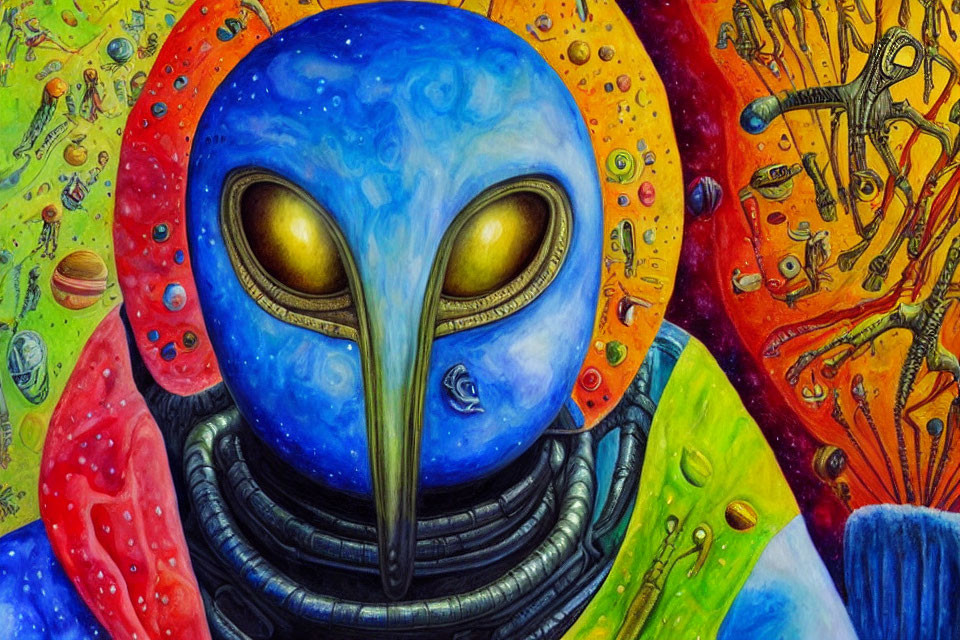 Colorful alien figure with blue head and yellow eyes in vibrant cosmic artwork