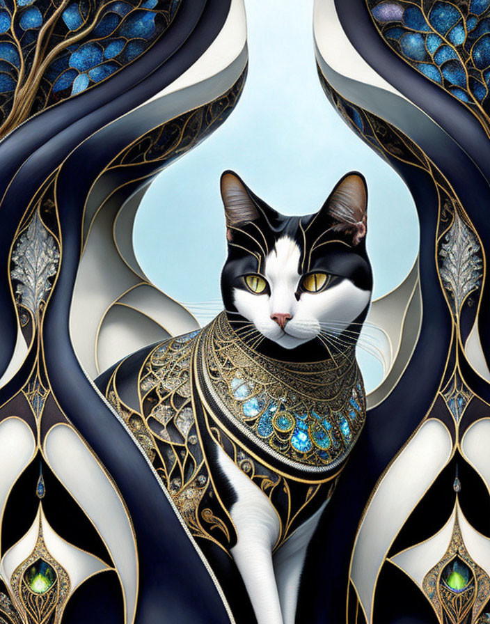 Symmetrical black and white cat surrounded by peacock feather patterns