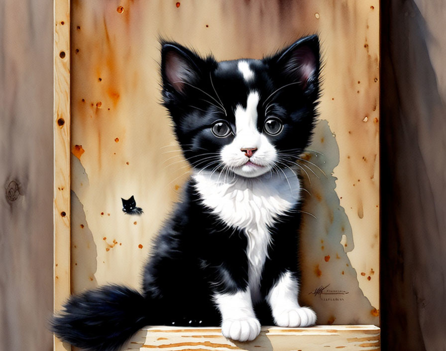 Black and White Kitten with Bow Tie on Wooden Ledge Against Rusty Background