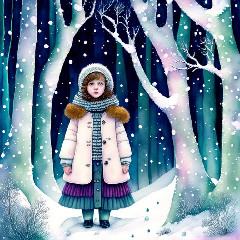 Child in Winter Clothing Stands in Snowy Forest