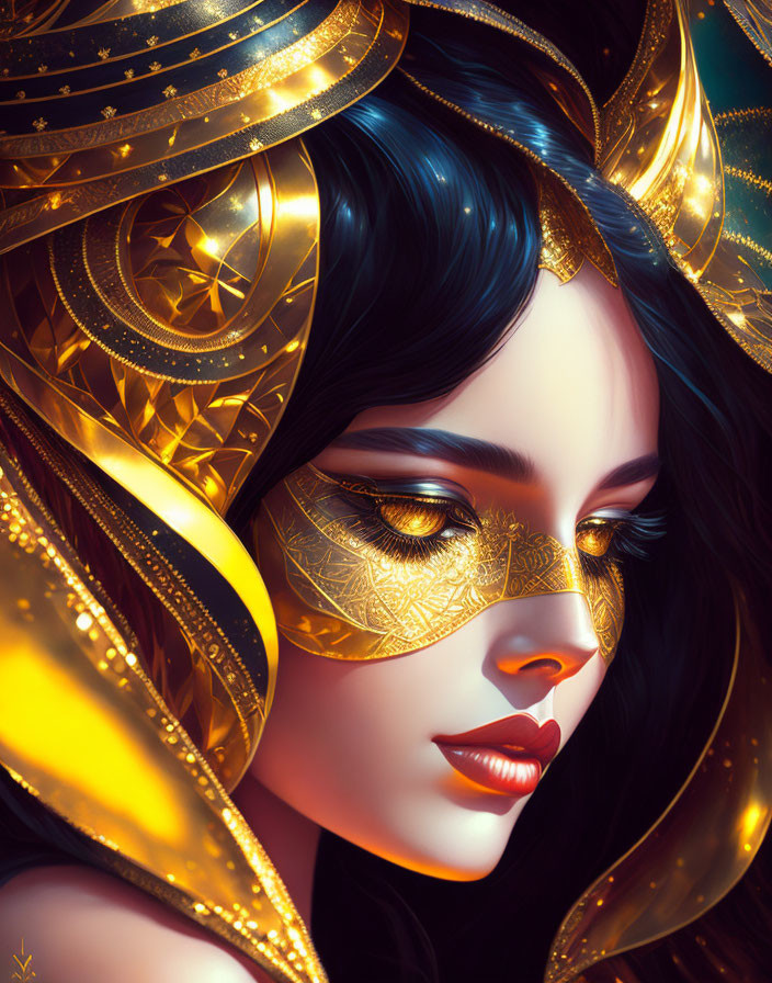 Detailed Illustration: Woman with Black Hair and Golden Headgear & Mask