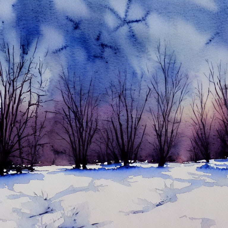 Serene Winter Scene: Watercolor Painting of Bare Trees in Twilight Snow