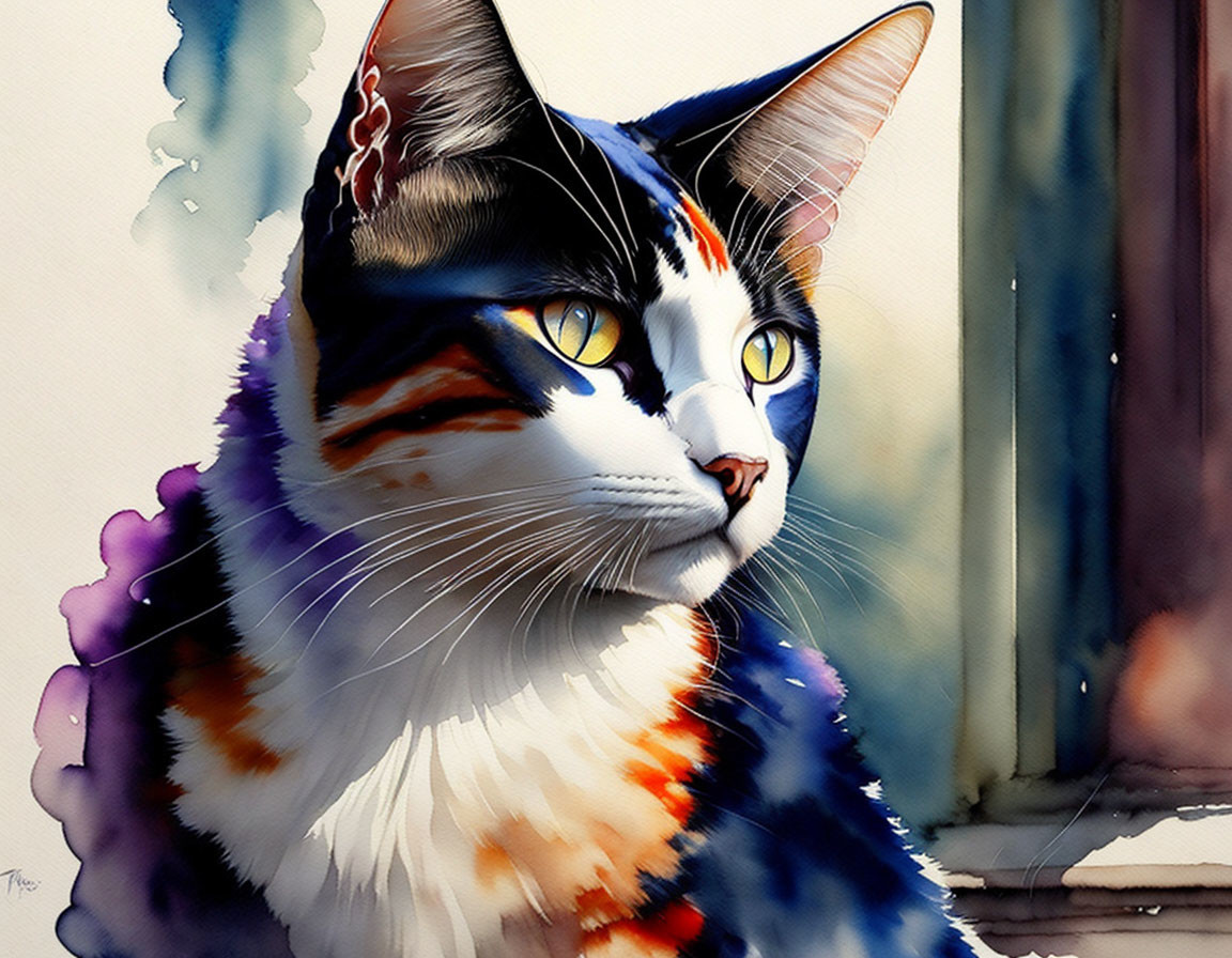 Colorful Calico Cat Painting with Bold Colors & Watercolor Textures