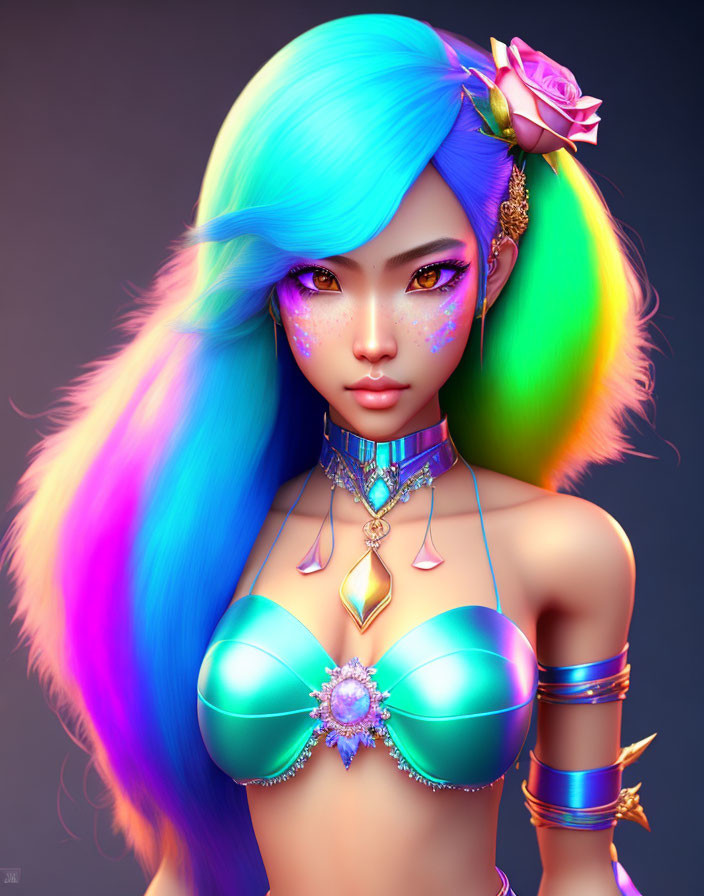 Vibrant Rainbow-Colored Hair Woman with Floral Accessory & Gold Jewelry