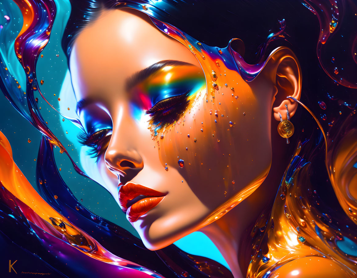 Vibrant digital portrait of a woman with colorful liquid swirls