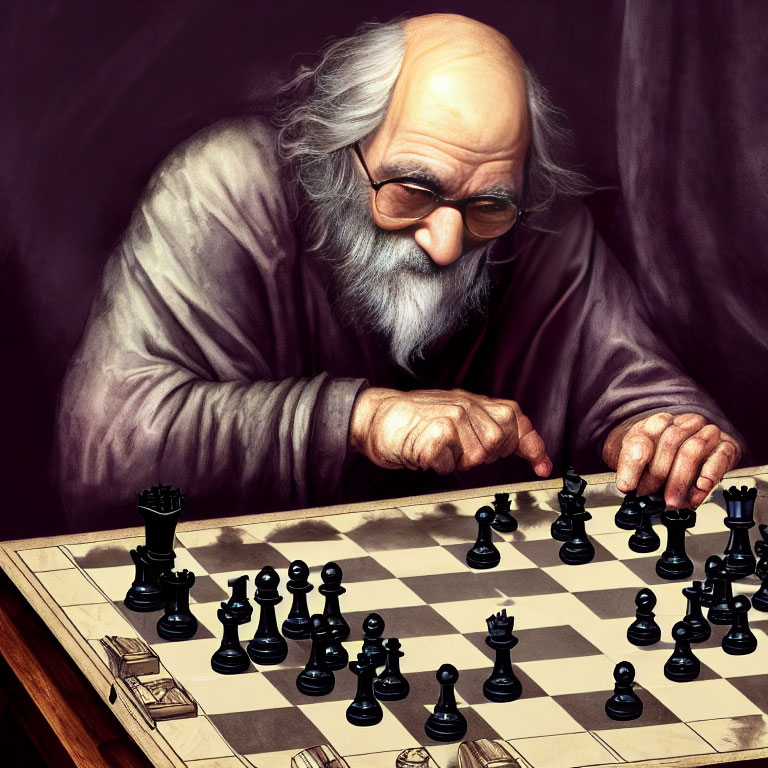 Elderly man in purple robe plays chess with intense focus