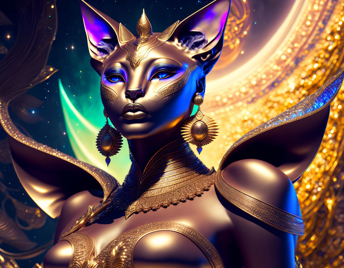 Anthropomorphic cat with gold and blue tones and Egyptian-style jewelry against cosmic backdrop.