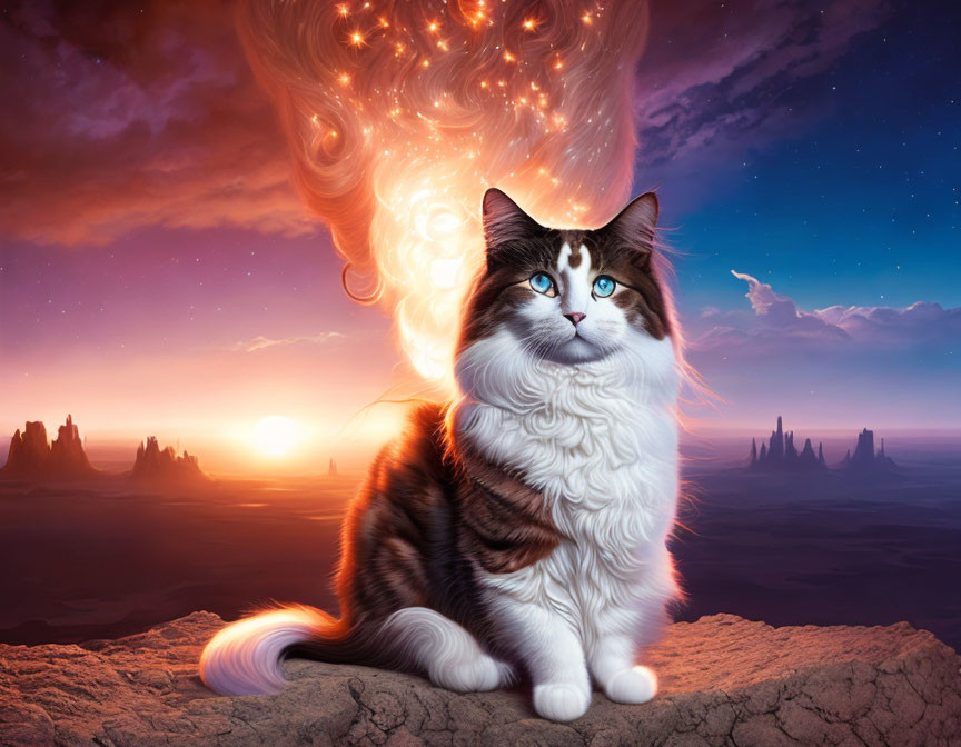 Majestic long-haired cat with blue eyes under orange and purple sky