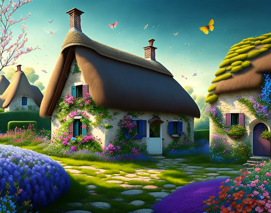 Thatched roof cottages in lush garden with butterflies