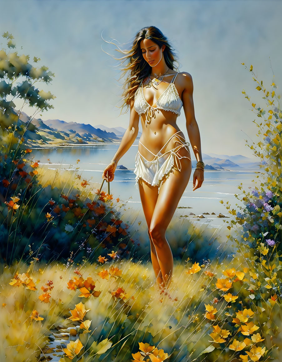 Woman in White Bikini Walking Through Flower Field by Lakeside