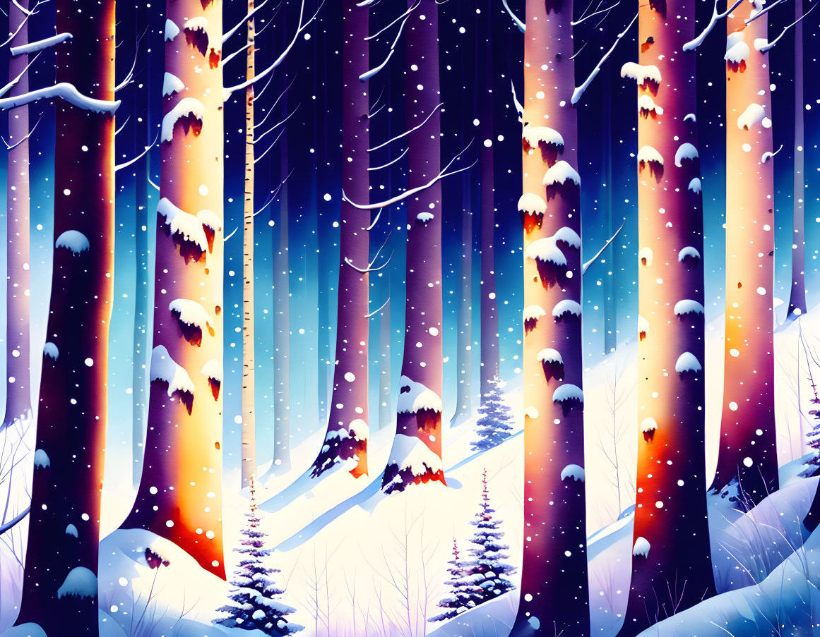 Winter Forest Scene with Snow-Covered Trees and Colorful Sky