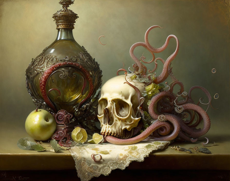 Skull, tentacles, fruit, and cloth in dark still life.