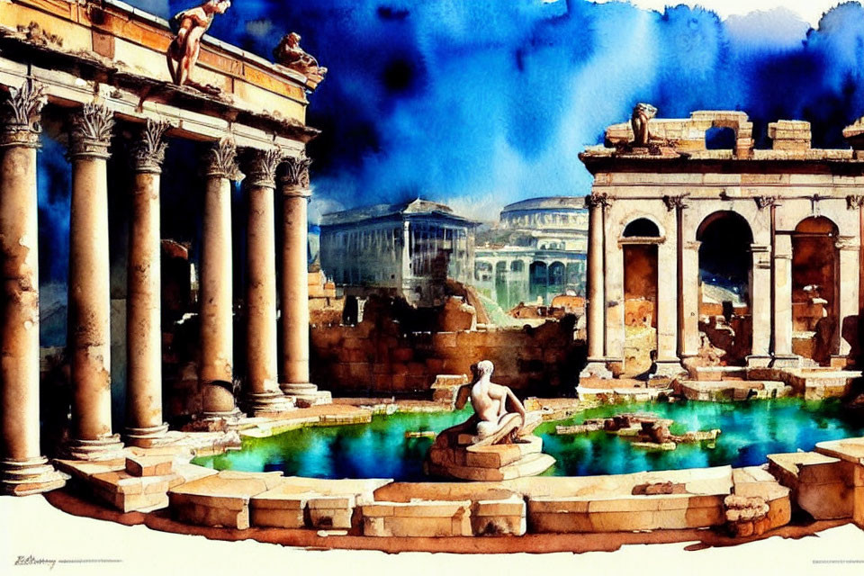 Ancient Roman ruins watercolor painting with columns and sculptures