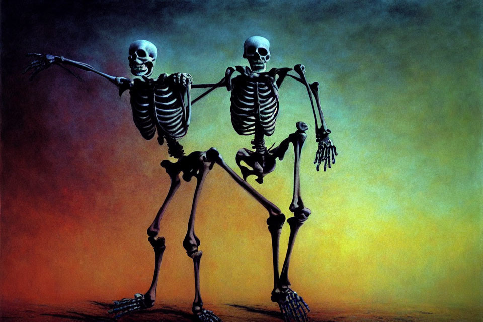 Two walking skeletons against multicolored backdrop, one with hand on shoulder