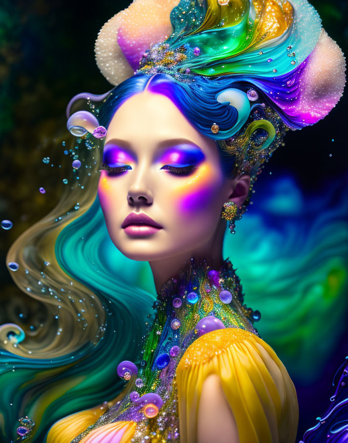 Vibrant blue hair and vivid makeup in surreal portrait.