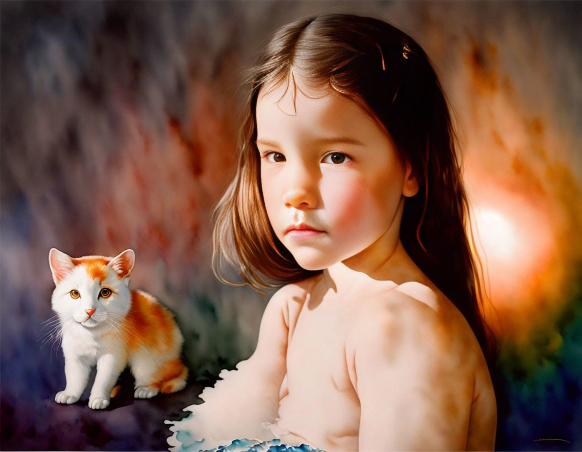 Young girl with long brown hair and pink dress near small orange and white kitten