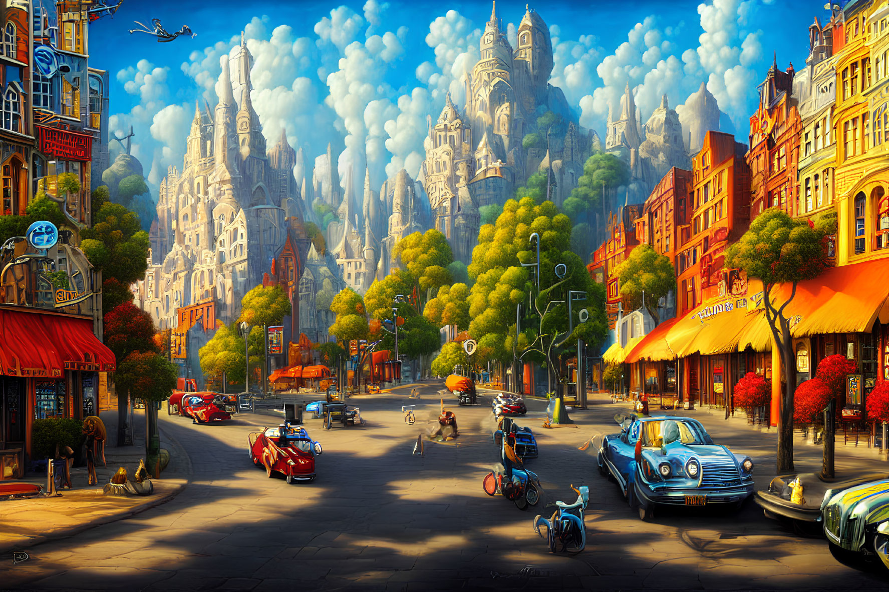 Colorful cityscape with retro cars and pedestrians under a blue sky