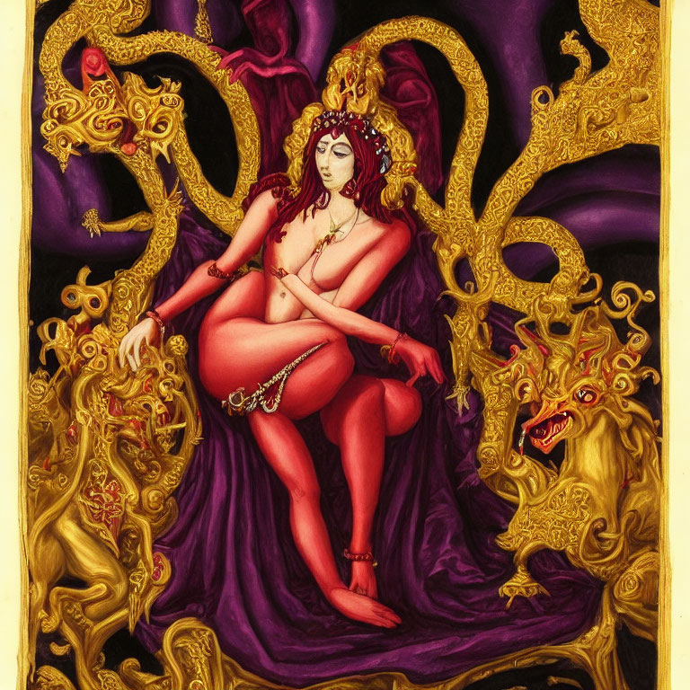 Regal Figure in Purple Robes on Golden Throne with Snarling Creatures