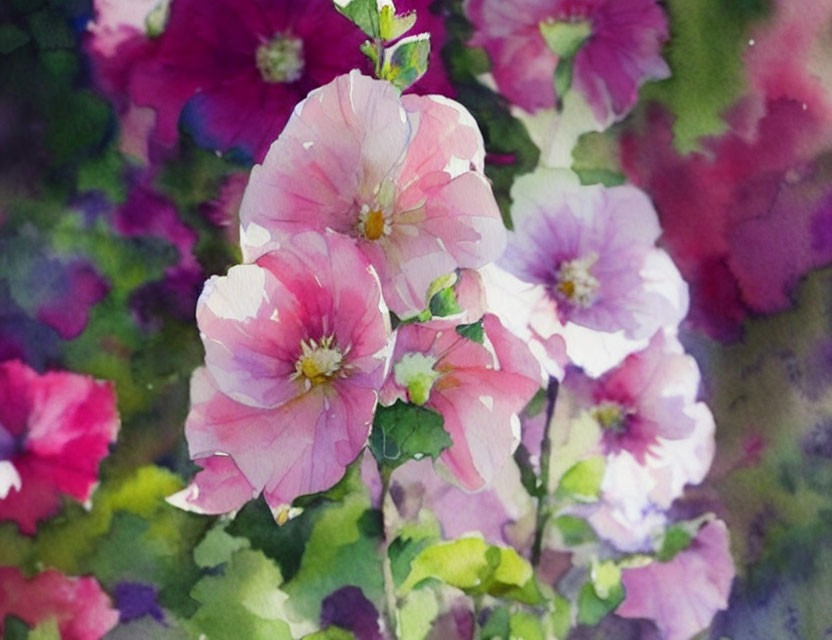 Delicate Pink Hollyhock Flowers in Watercolor