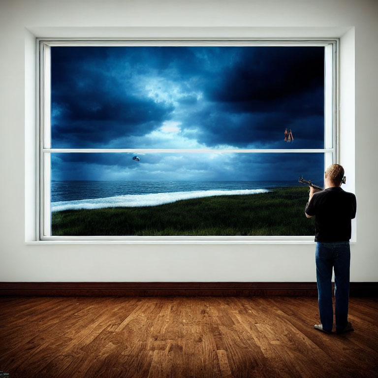 Indoor scene with person pointing device at dramatic seascape