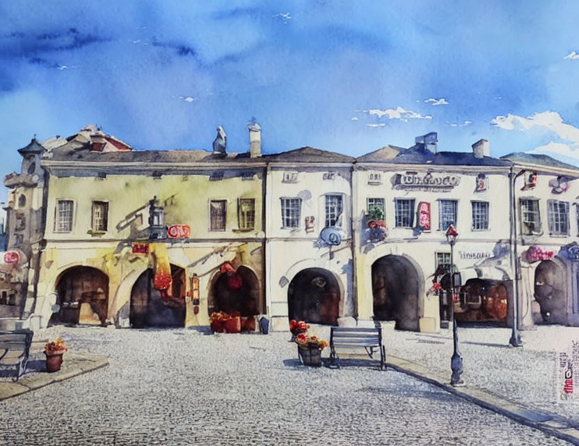 European Square Watercolor Painting with Historical Buildings