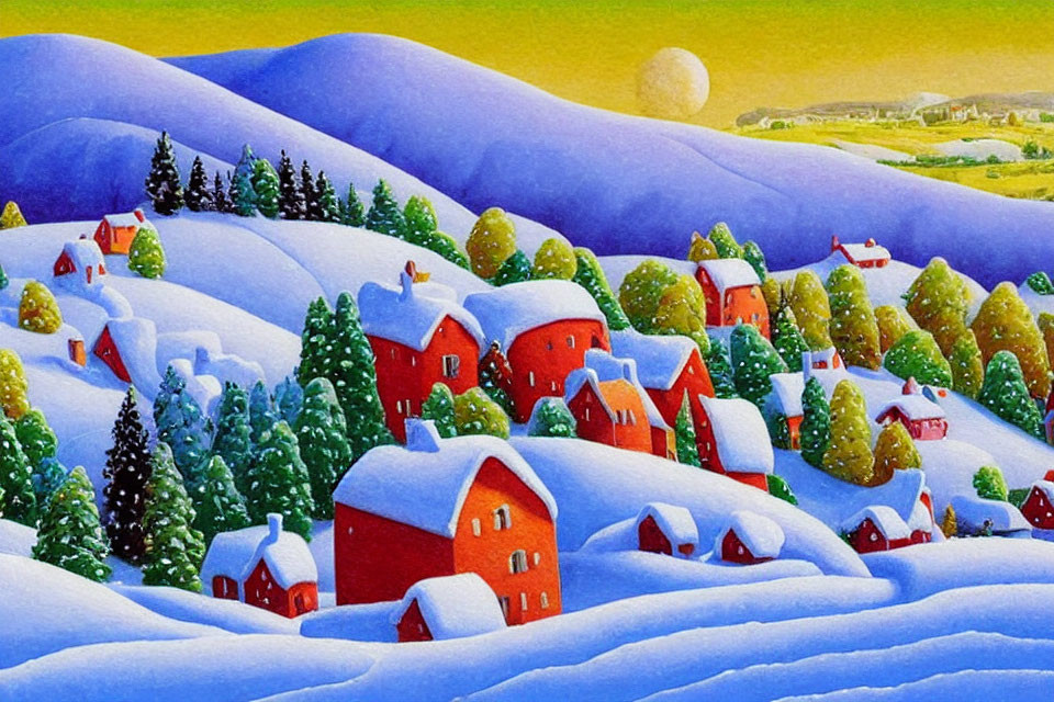 Scenic painting of snowy village with red-roofed houses