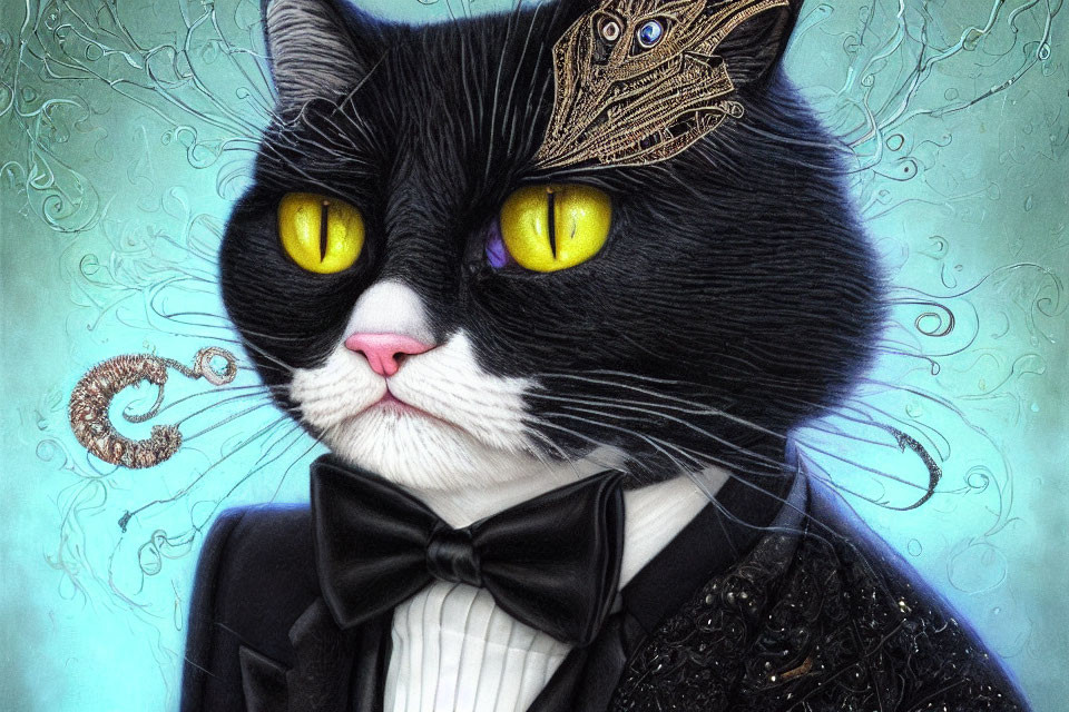 Detailed illustration of dignified black and white cat in bow tie and monocle