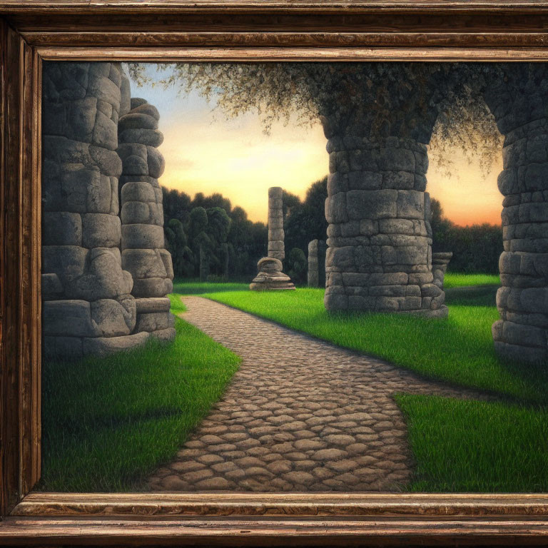 Tranquil landscape painting of cobblestone path through ruins to forest at sunset