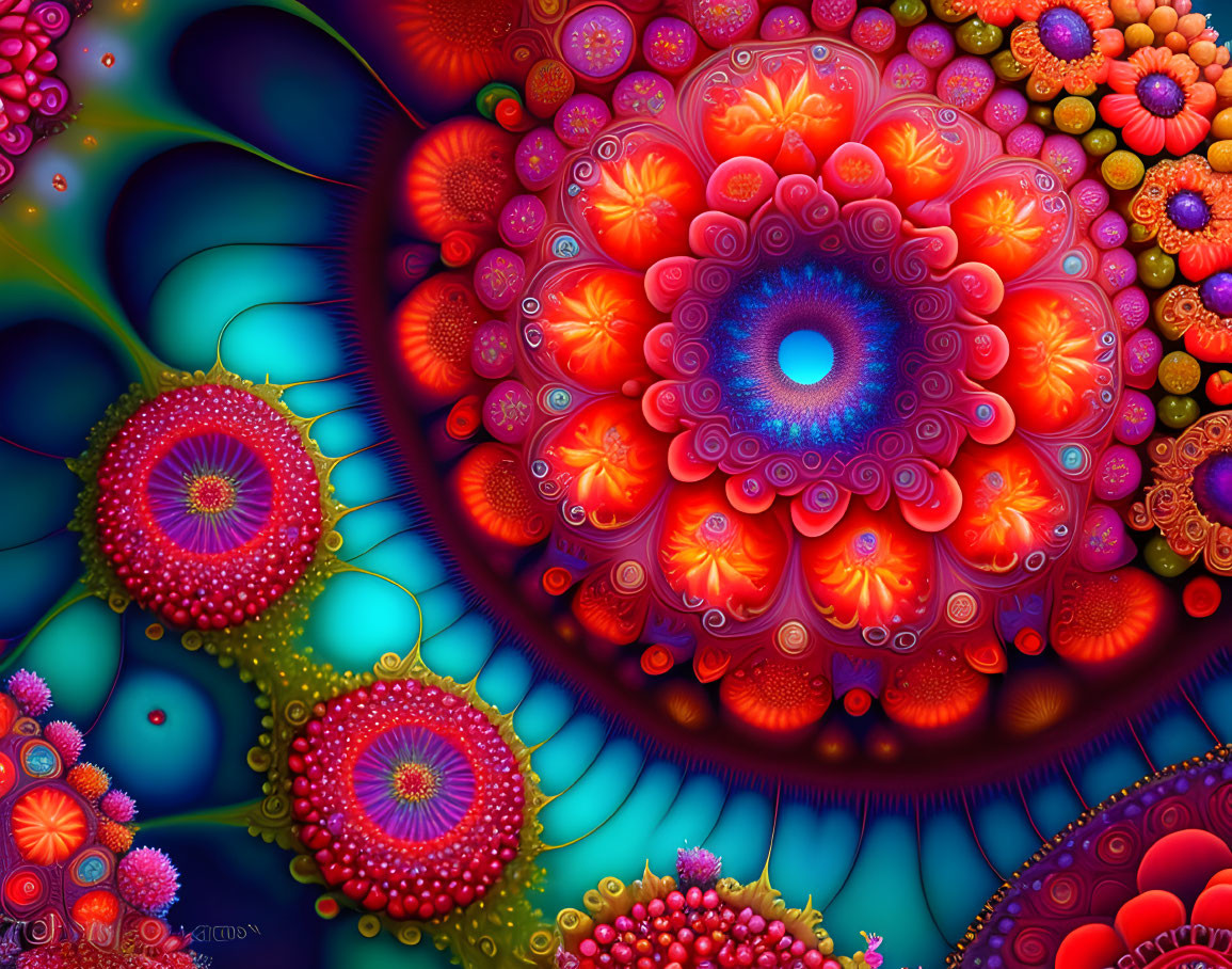 Colorful digital artwork: intricate, fractal-like flower patterns in red, blue, and green.