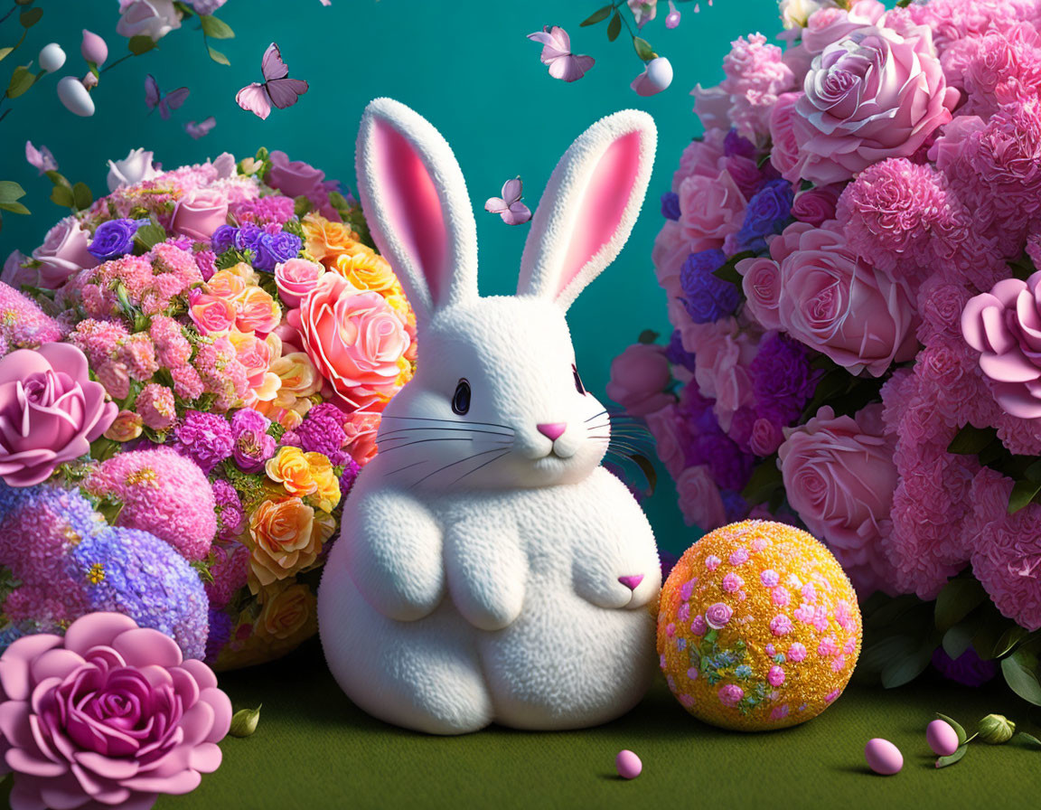 White Cartoon Bunny with Decorated Egg in Vibrant Floral Scene