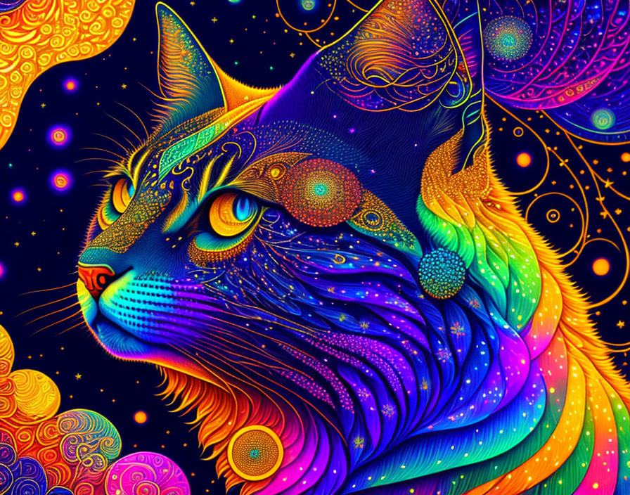 Colorful Psychedelic Cat Illustration on Celestial Background