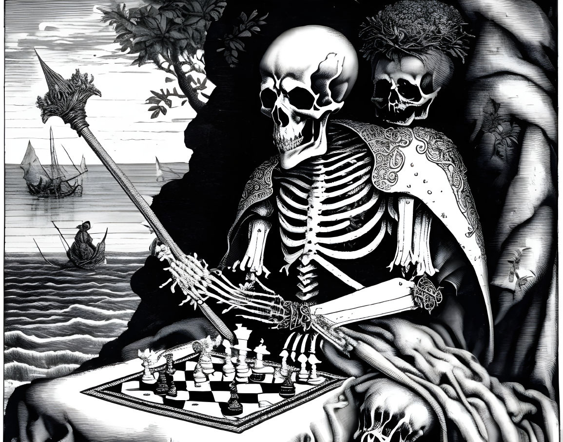 Monochrome illustration of skeleton in armor playing chess on beach