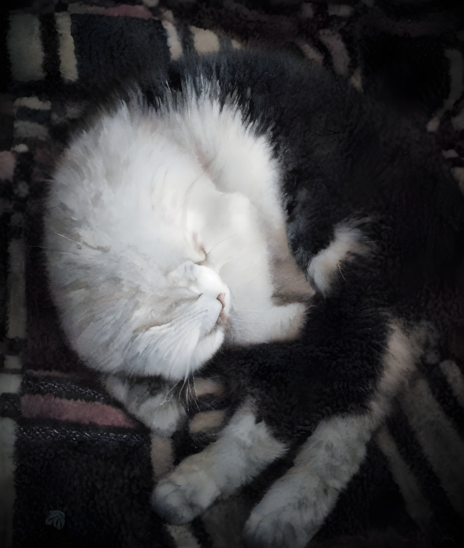 White and Grey Cat Sleeping on Patterned Blanket