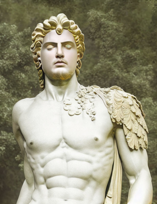 Muscular male statue with gold adornments on green background