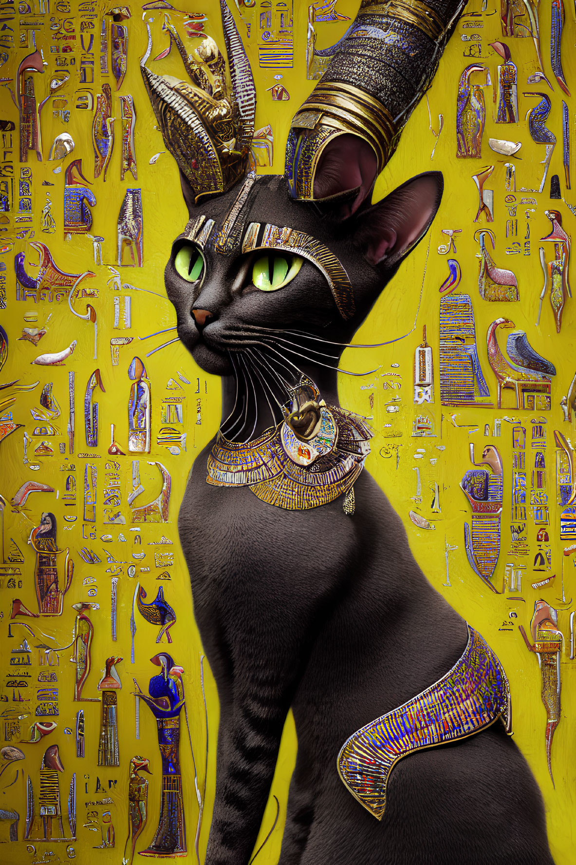 Stylized cat in ancient Egyptian attire with hieroglyphic background