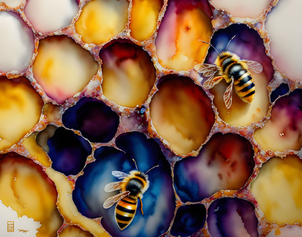 Colorful Illustration: Bees Flying Near Vibrant Honeycomb Cells