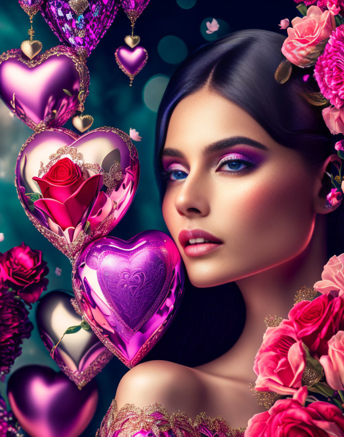 Woman with Striking Makeup Surrounded by Pink Roses and Heart-Shaped Balloons