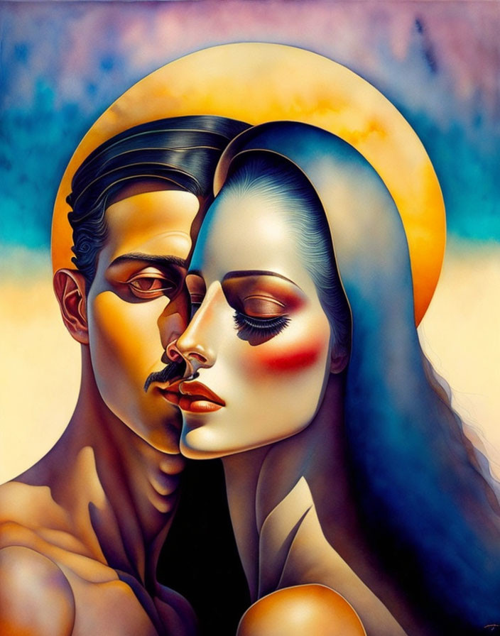 Man and woman in vibrant, surreal portrait.