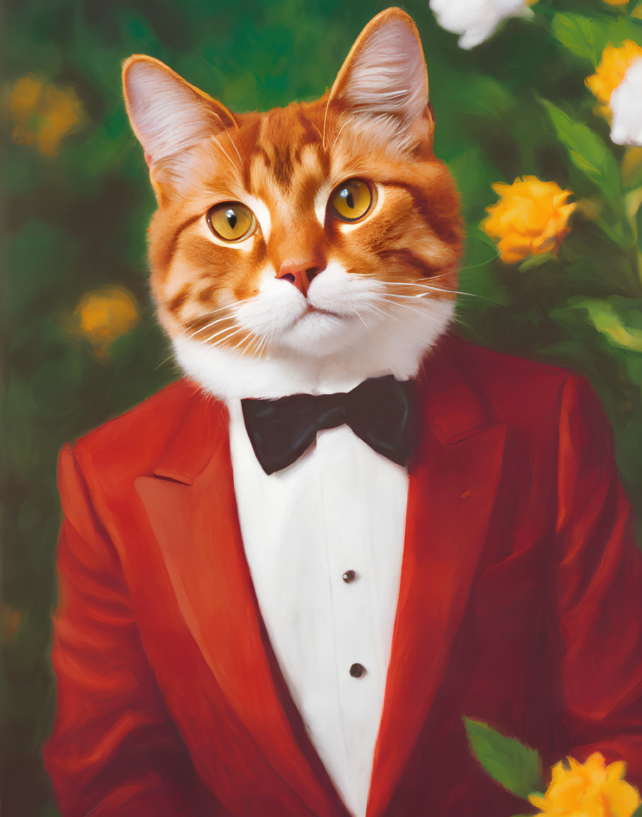 Orange Tabby Cat in Red Tuxedo Against Floral Background