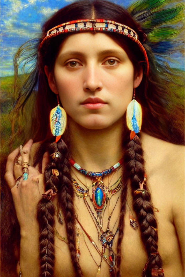 Portrait of young woman with braided hair and beaded accessories against vibrant landscape