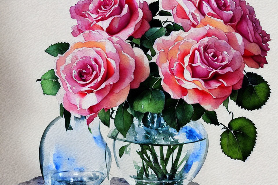 Pink roses in glass vase on off-white background - Watercolor painting