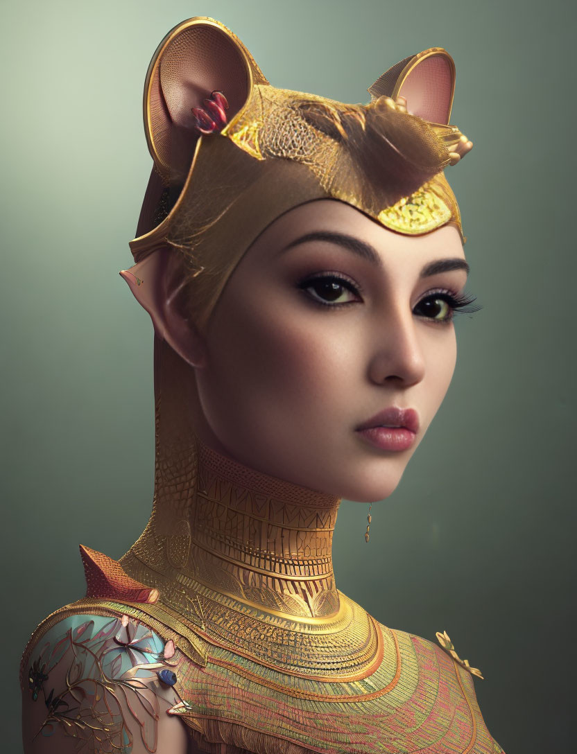 Digital artwork: Ancient Egyptian style with modern twist, woman in cat-like headdress & gold jewelry